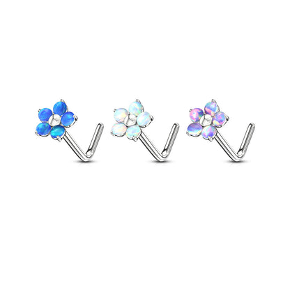 Surgical Steel L Bend Nostril Stud with 5 Petal Opal Flower