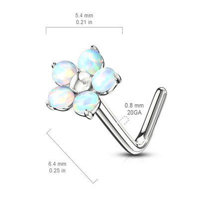 Surgical Steel L Bend Nostril Stud with 5 Petal Opal Flower