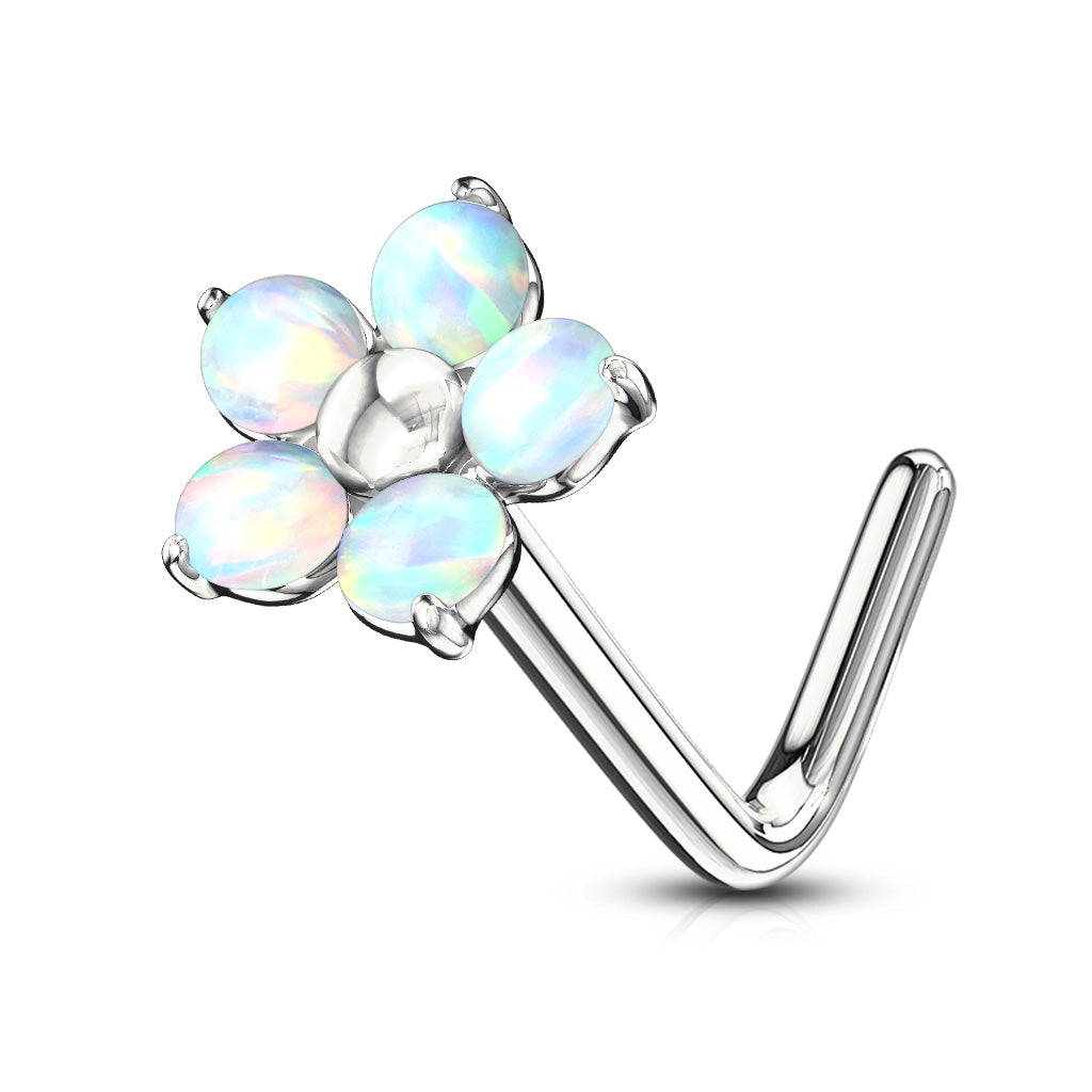 Surgical Steel L Bend Nostril Stud with 5 Petal Opal Flower