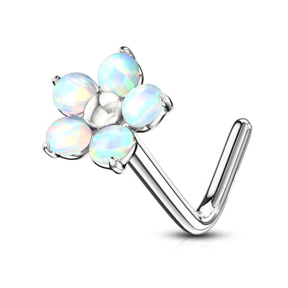 Surgical Steel L Bend Nostril Stud with 5 Petal Opal Flower