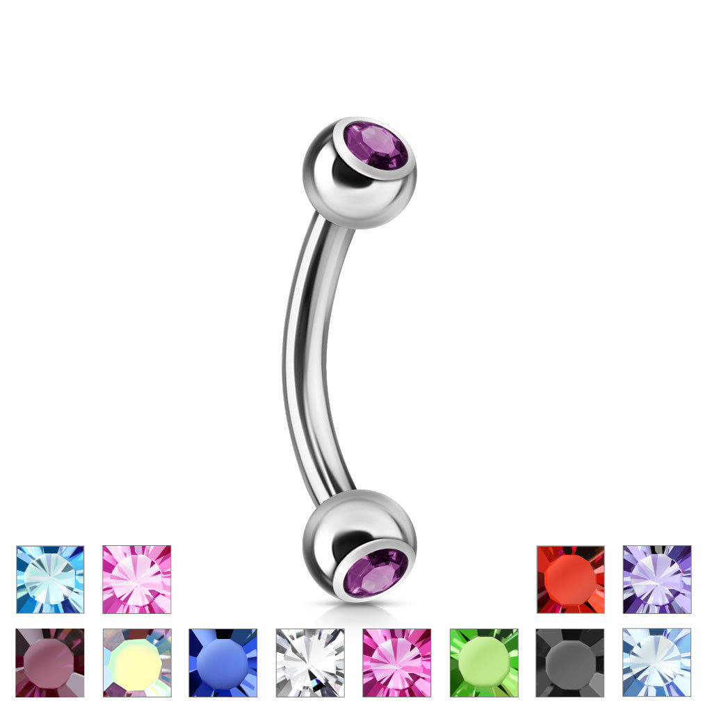 Surgical Steel Externally Threaded Curved Barbell w/ Double Press Fit Jeweled Ball