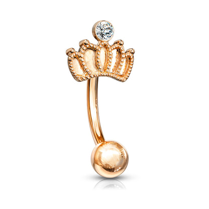 Surgical Steel Externally Threaded Curved Barbell w/ Crown Crystal Feature