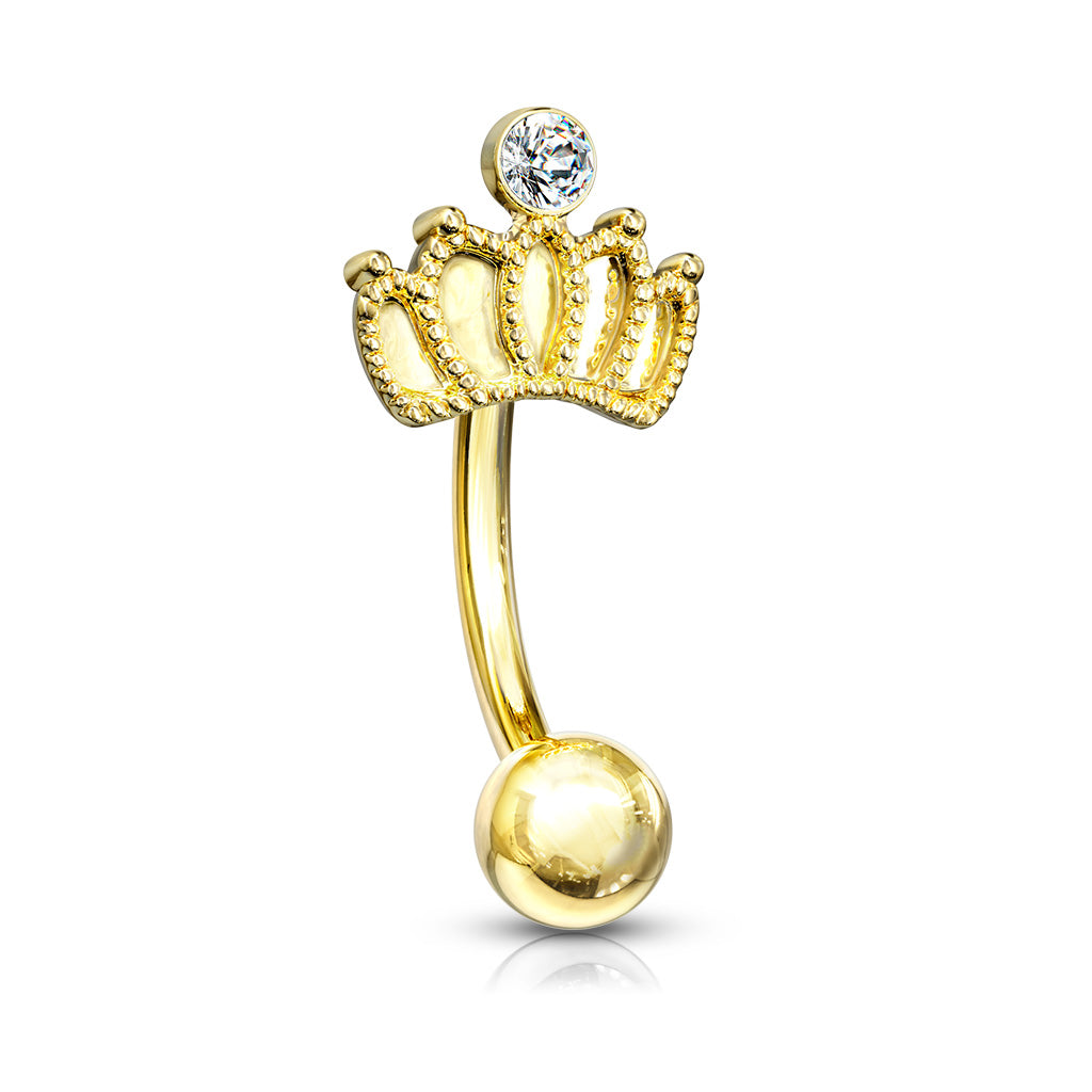 Surgical Steel Externally Threaded Curved Barbell w/ Crown Crystal Feature