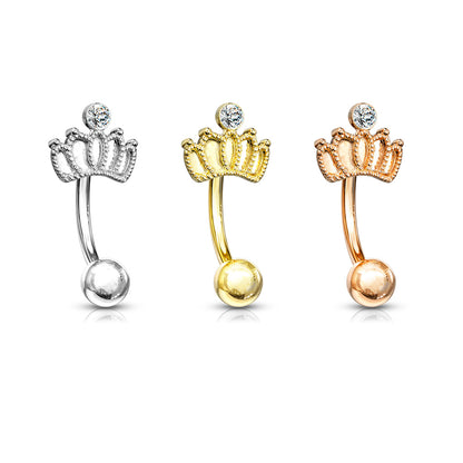 Surgical Steel Externally Threaded Curved Barbell w/ Crown Crystal Feature