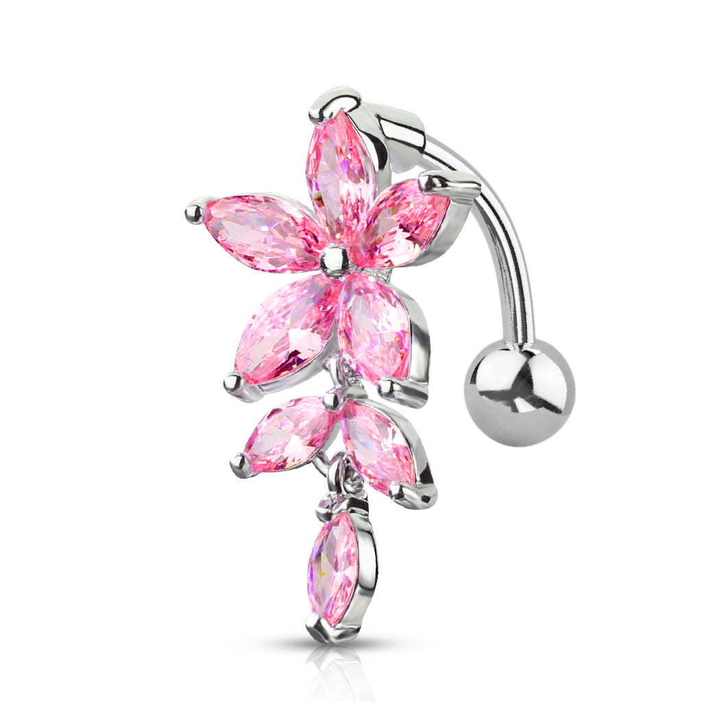 Surgical Steel/Brass Externally Threaded Belly Banana Marquise CZ Flower & Vine Top Down