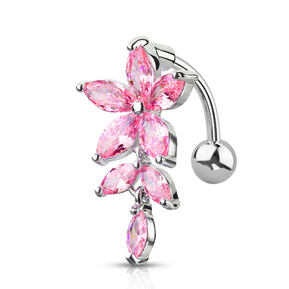 Surgical Steel/Brass Externally Threaded Belly Banana Marquise CZ Flower & Vine Top Down