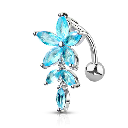Surgical Steel/Brass Externally Threaded Belly Banana Marquise CZ Flower & Vine Top Down
