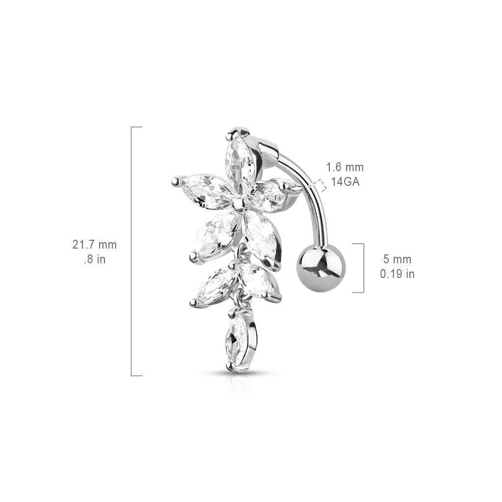 Surgical Steel/Brass Externally Threaded Belly Banana Marquise CZ Flower & Vine Top Down