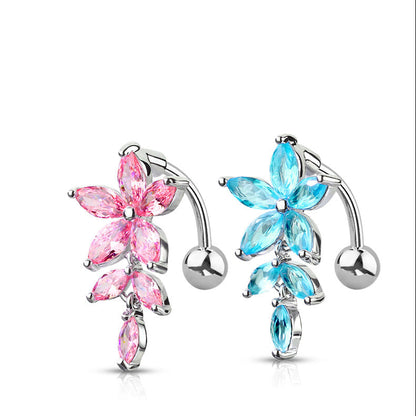 Surgical Steel/Brass Externally Threaded Belly Banana Marquise CZ Flower & Vine Top Down