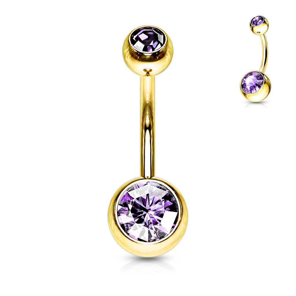 Surgical Steel Externall Threaded Gold Plated Double Jewel Belly Banana