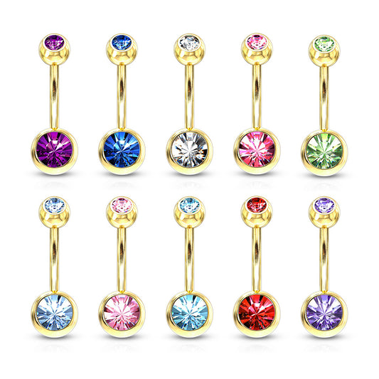 Gold Plated over Surgical Steel Double Jewel Belly Ring External Thread