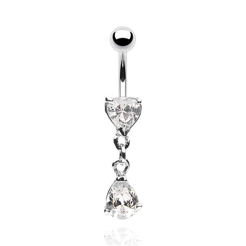 Surgical Steel Externally Threaded Heart & Pear CZ Dangle Belly Banana