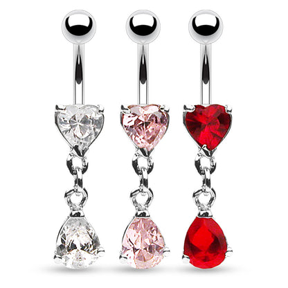 Surgical Steel Externally Threaded Heart & Pear CZ Dangle Belly Banana