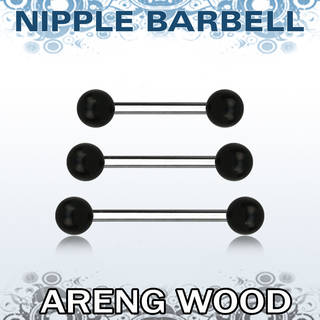 Surgical Steel Externally Threaded Nipple Barbell with Organic Black Areng Wood Balls