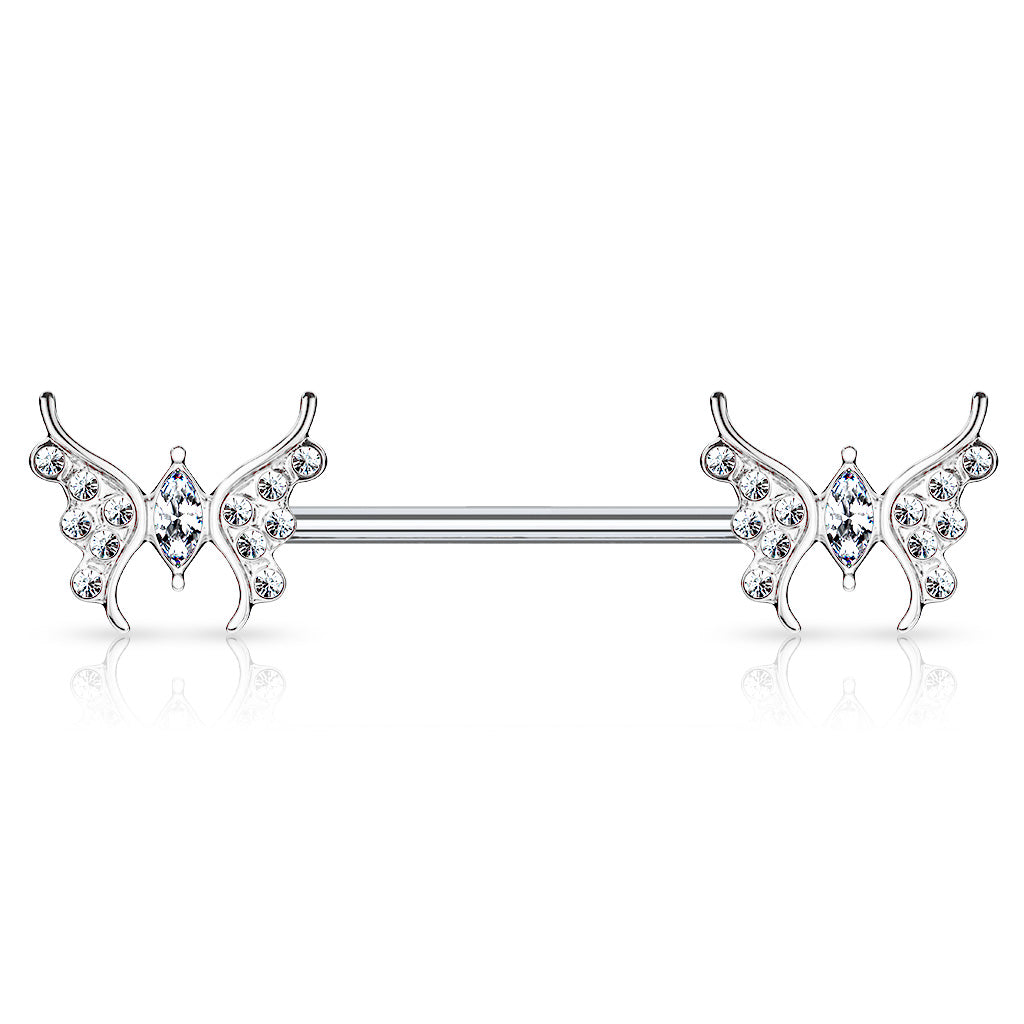 Surgical Steel/Brass Externally Threaded CZ Paved Butterfly Nipple Barbell (CLEARANCE)