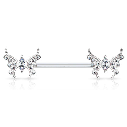 Surgical Steel/Brass Externally Threaded CZ Paved Butterfly Nipple Barbell (CLEARANCE)