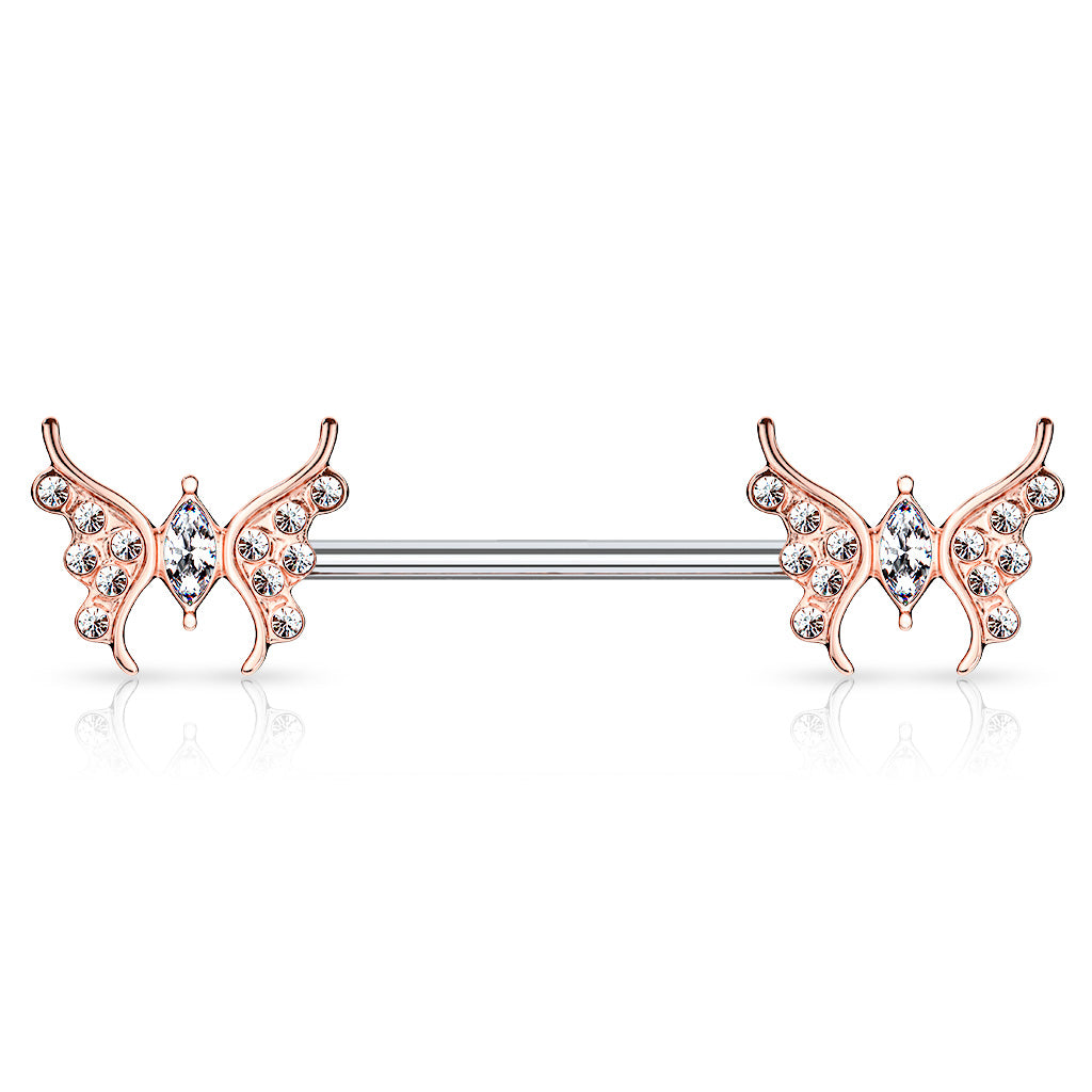 Surgical Steel/Brass Externally Threaded CZ Paved Butterfly Nipple Barbell (CLEARANCE)