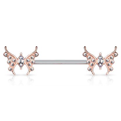 Surgical Steel/Brass Externally Threaded CZ Paved Butterfly Nipple Barbell (CLEARANCE)