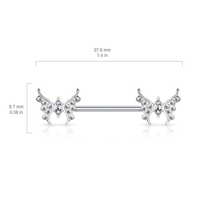Surgical Steel/Brass Externally Threaded CZ Paved Butterfly Nipple Barbell (CLEARANCE)