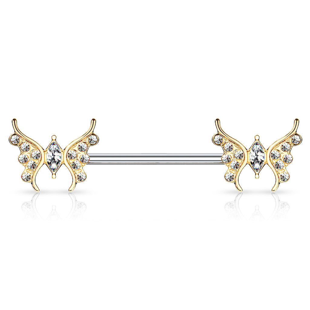 Surgical Steel/Brass Externally Threaded CZ Paved Butterfly Nipple Barbell (CLEARANCE)