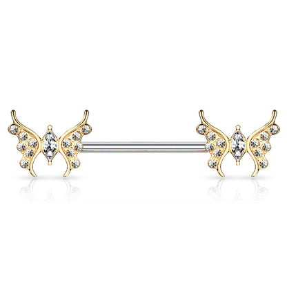 Surgical Steel/Brass Externally Threaded CZ Paved Butterfly Nipple Barbell (CLEARANCE)