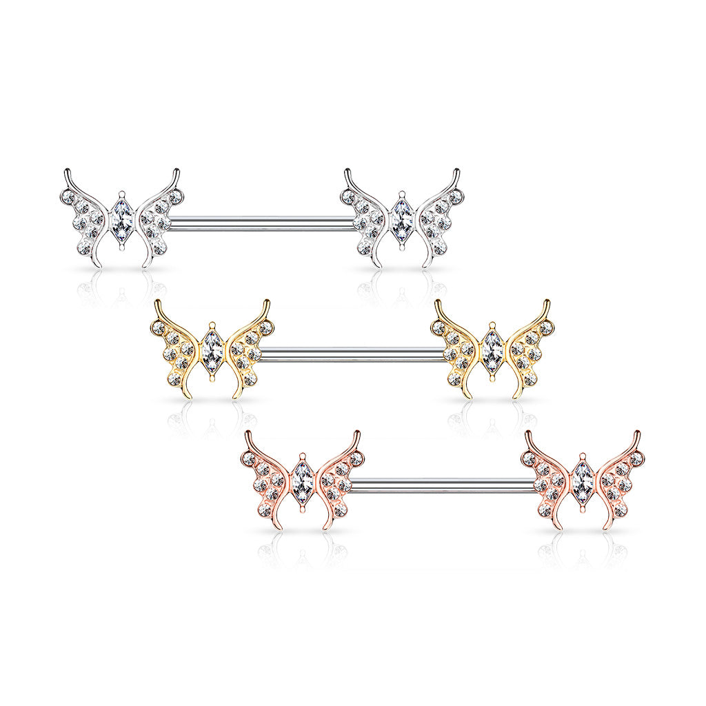 Surgical Steel/Brass Externally Threaded CZ Paved Butterfly Nipple Barbell (CLEARANCE)