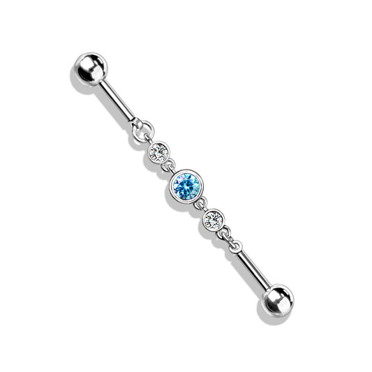 Surgical Steel/Brass Externally Threaded Industrial with Triple Round CZ Chain Middle (CLEARANCE)