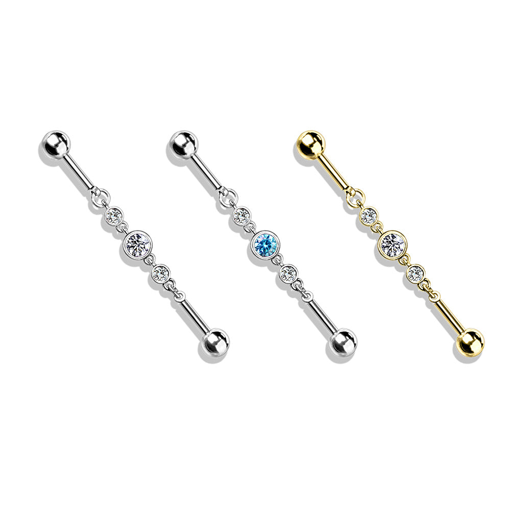 Surgical Steel/Brass Externally Threaded Industrial with Triple Round CZ Chain Middle (CLEARANCE)