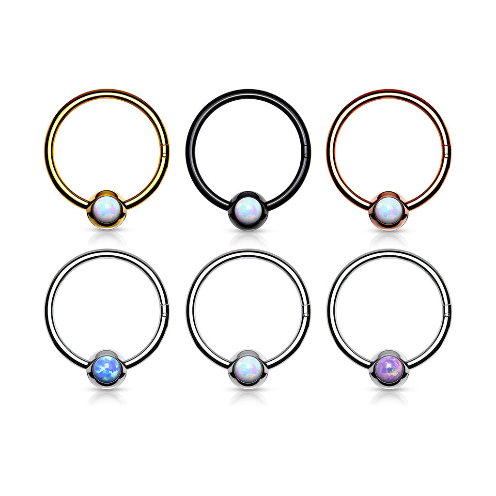 Surgical Steel Hinged Ring with Front Facing Single Opal Ball