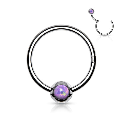 Surgical Steel Hinged Ring with Front Facing Single Opal Ball