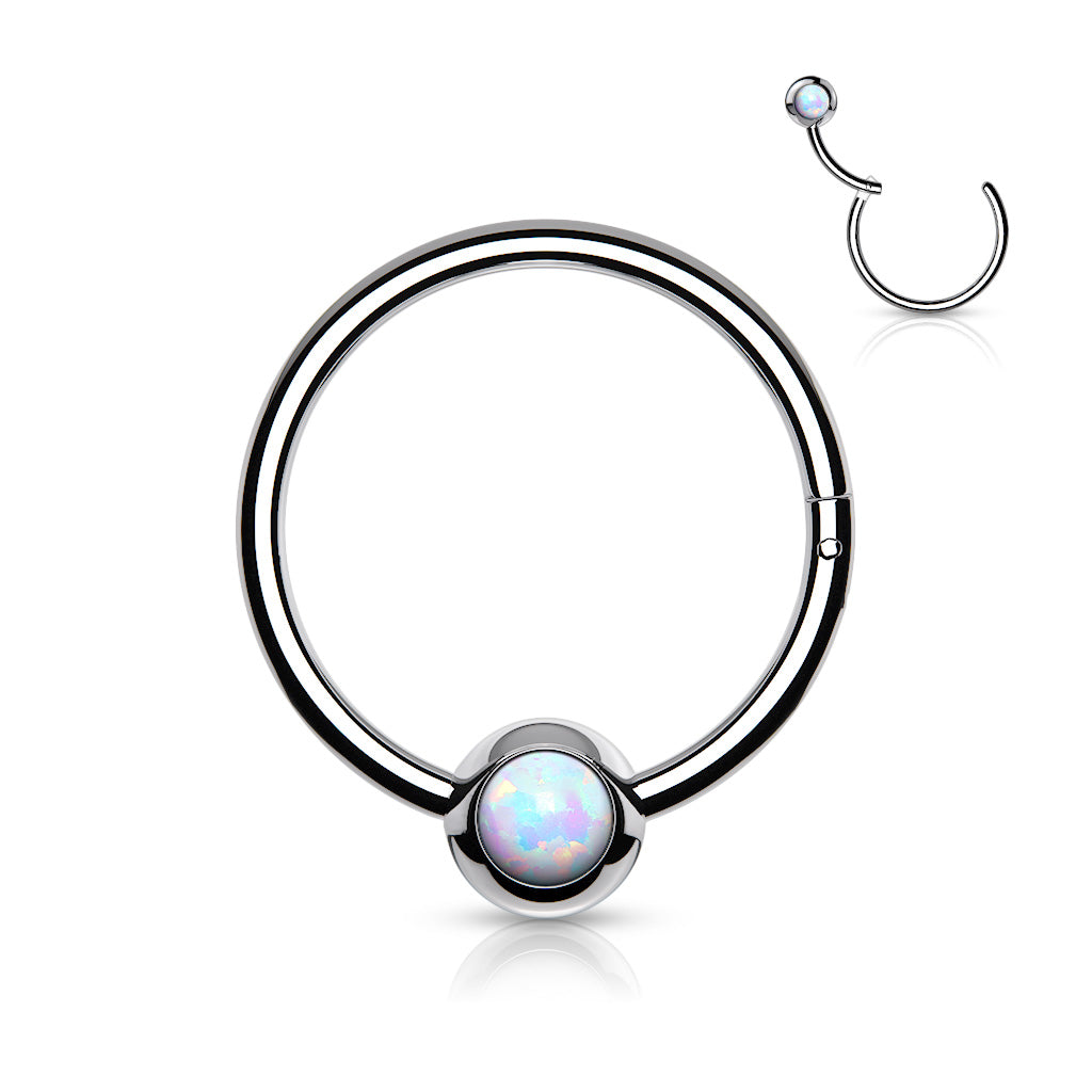 Surgical Steel Hinged Ring with Front Facing Single Opal Ball