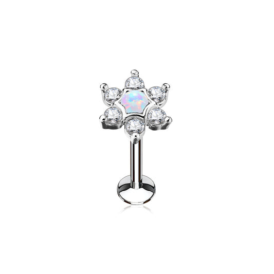 Opal Centre CZ Flower Top Internal Thread Surgical Steel Labret - CLEARANCE