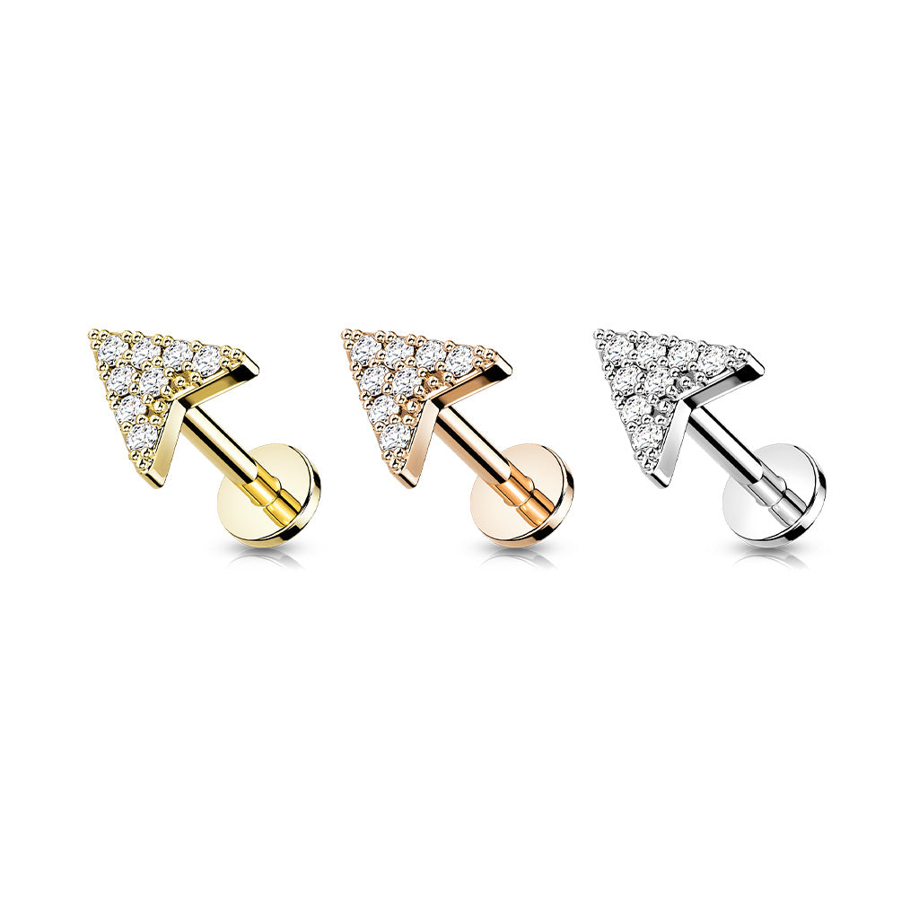 CZ Paved Chevron Arrow Internally Threaded Surgical Steel/Brass Labret (CLEARANCE)