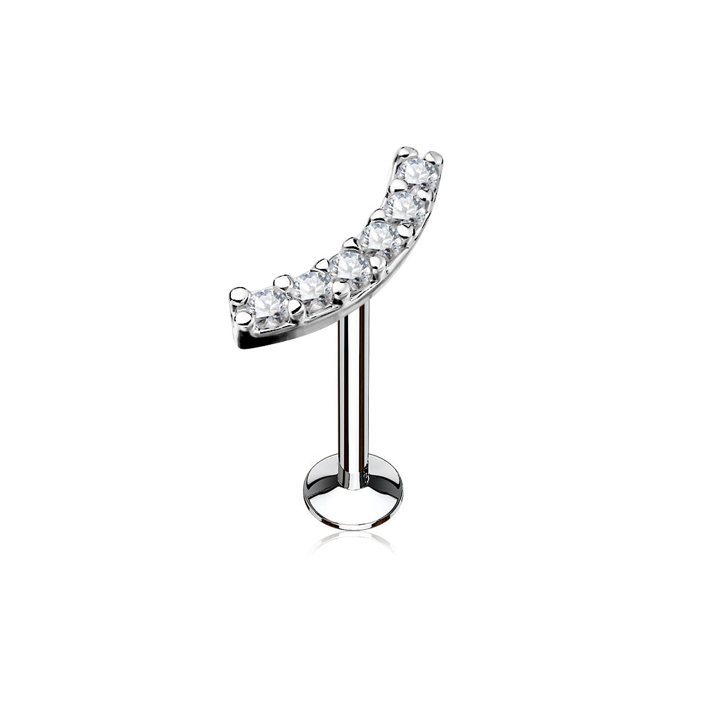 Surgical Steel/Brass Internally Threaded Labret w/ Lined CZ Curved Top (CLEARANCE)