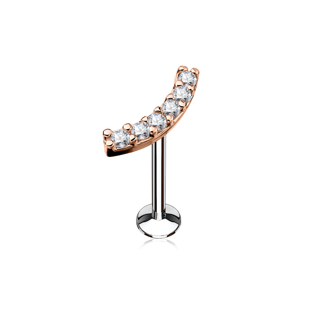 Surgical Steel/Brass Internally Threaded Labret w/ Lined CZ Curved Top (CLEARANCE)