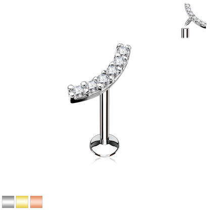 Surgical Steel/Brass Internally Threaded Labret w/ Lined CZ Curved Top (CLEARANCE)