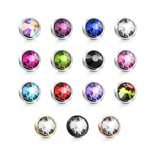 Internally Threaded Surgical Steel Bezel Set Flat Gem Tops