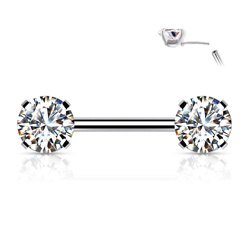 Surgical Steel Threadless Nipple Bar with Prong Set CZ Ends