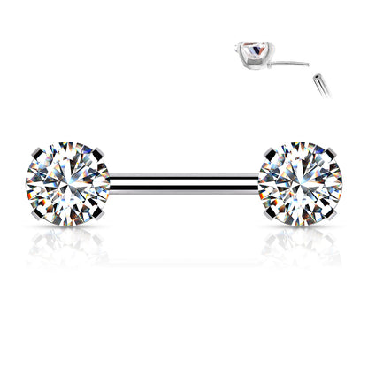 Surgical Steel Threadless Nipple Bar with Prong Set CZ Ends