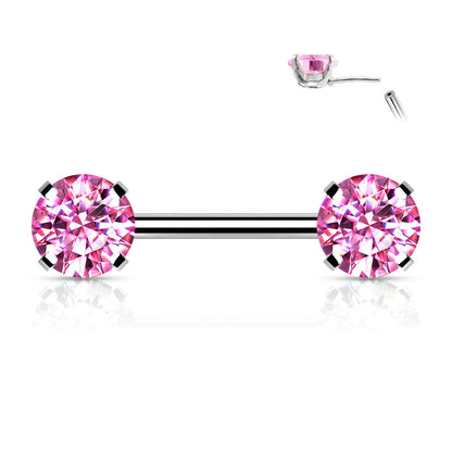 Surgical Steel Threadless Nipple Bar with Prong Set CZ Ends