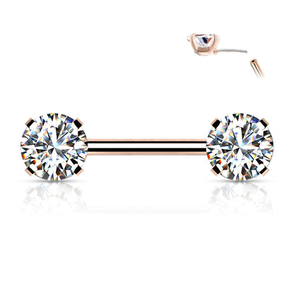 Surgical Steel Threadless Nipple Bar with Prong Set CZ Ends