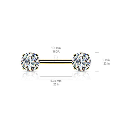Surgical Steel Threadless Nipple Bar with Prong Set CZ Ends