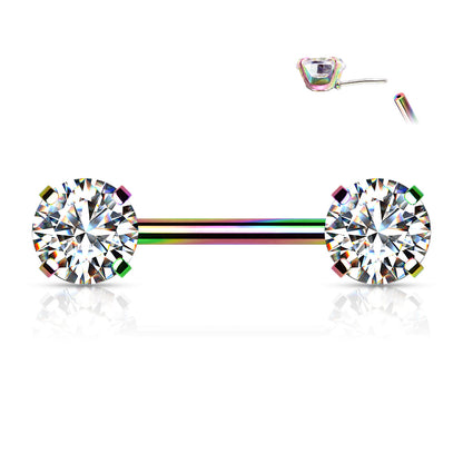 Surgical Steel Threadless Nipple Bar with Prong Set CZ Ends