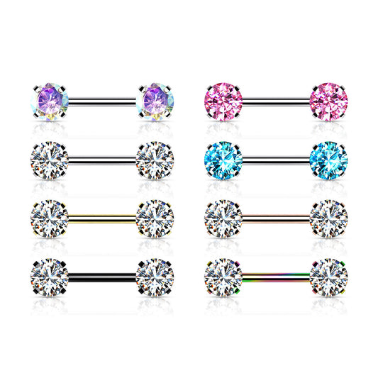 Surgical Steel Threadless Nipple Bar with Prong Set CZ Ends