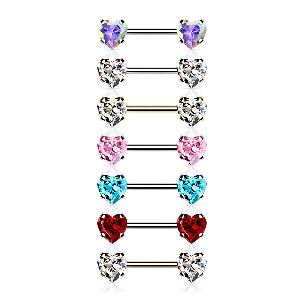 Threadless Surgical Steel Nipple Barbell Combo with Heart Gem Ends