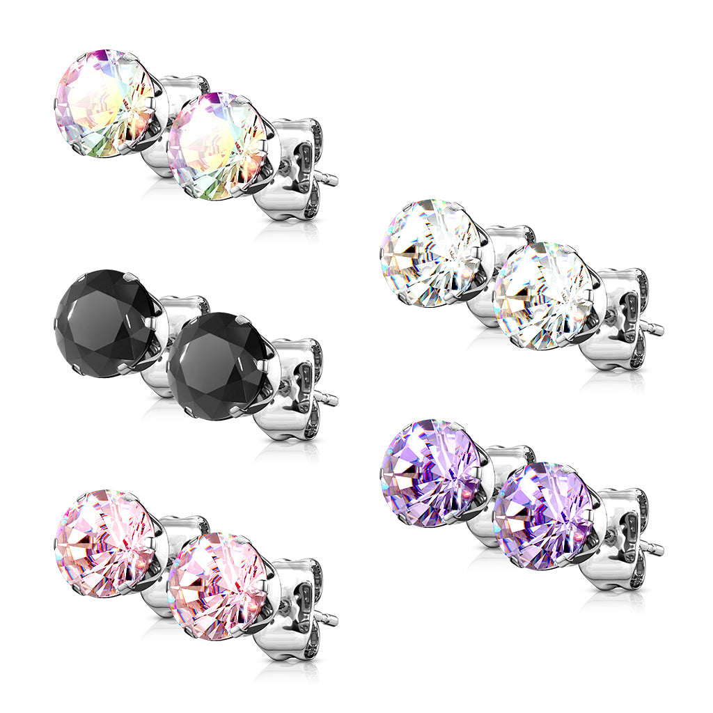 Surgical Steel Earrings 5 Colours of Prong Set Gems - 5 Pairs