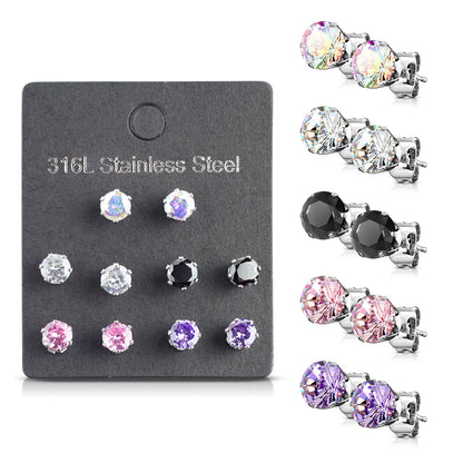 Surgical Steel Earrings 5 Colours of Prong Set Gems - 5 Pairs